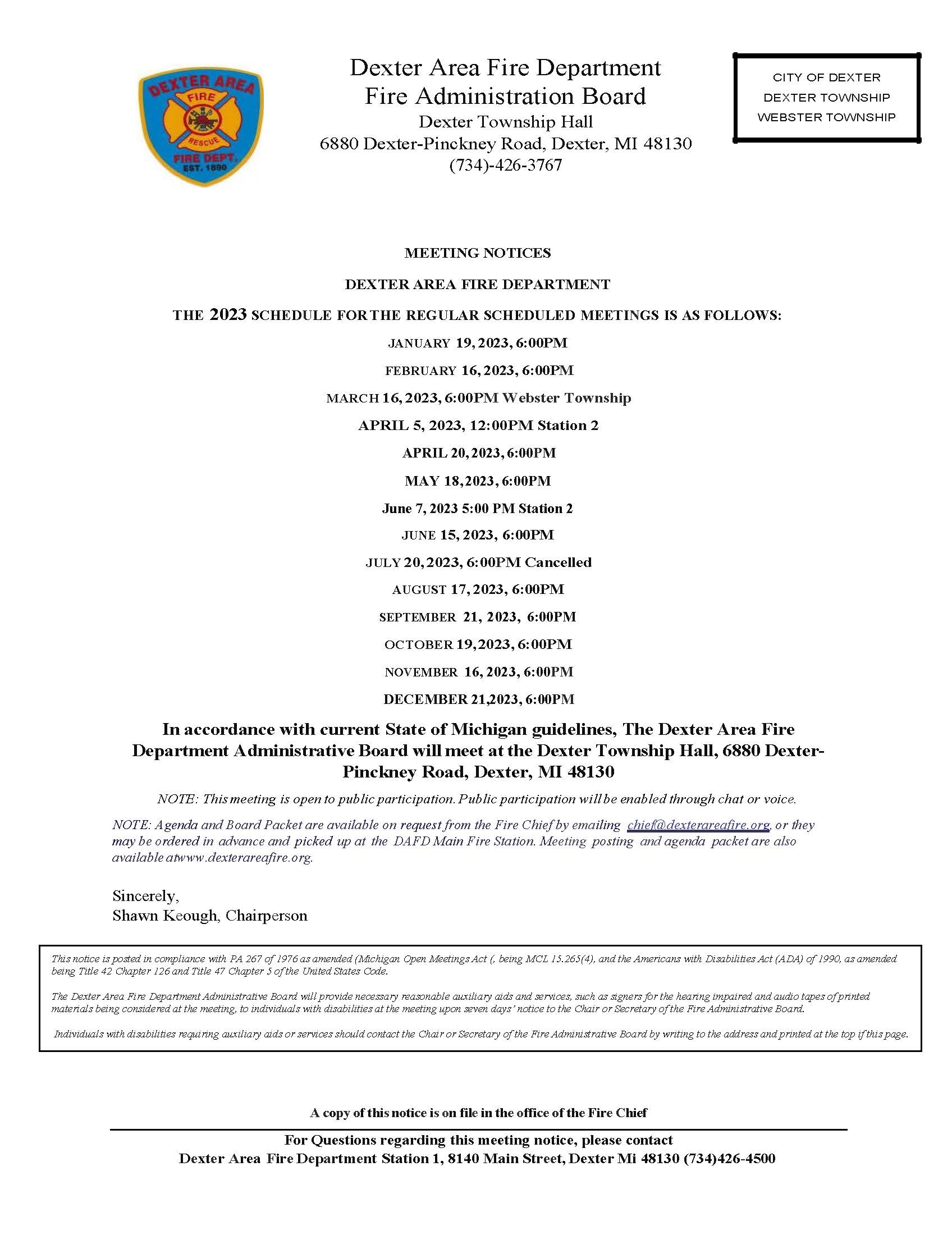 DAFD Meeting Notice Schedule 2023